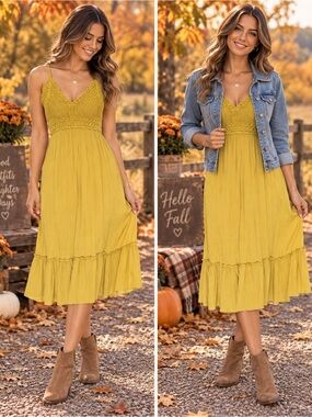 Blush Mustard Crochet Bodice Midi Dress Size Small
